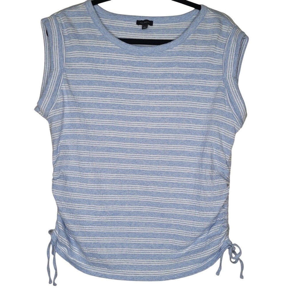 Talbots M Blue White Darcy Stripe Knit Sleeveless Tank Top Ruched Crewneck Tee